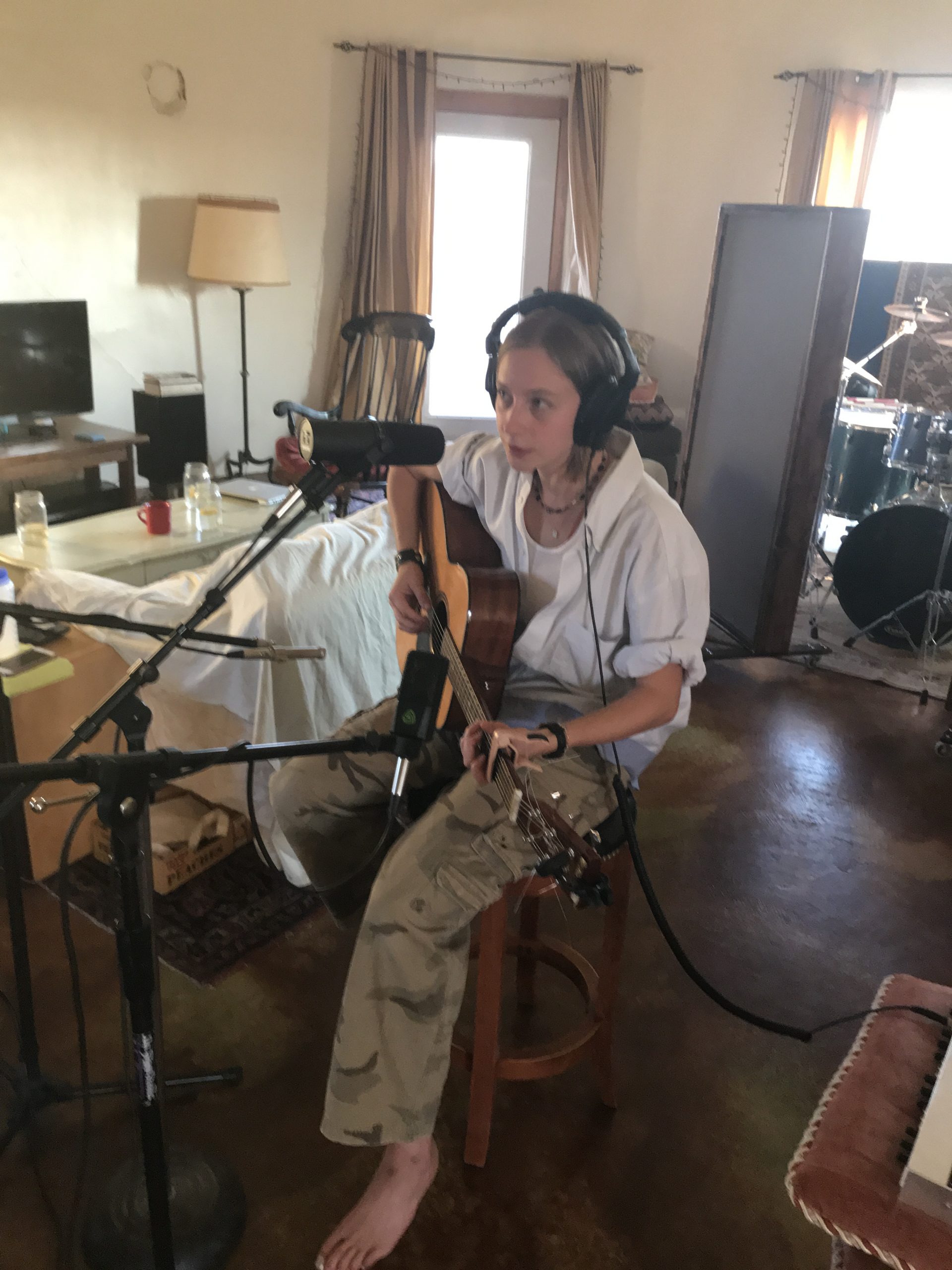 Zoe tracking guitar/vocal at Tune Drive Sound in Taos, NM